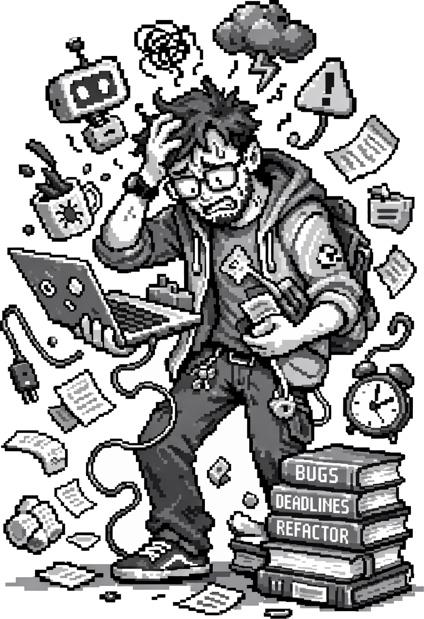 Pixel sprite of a stressed coder holding a laptop while cables, bugs, and deadlines pile up.