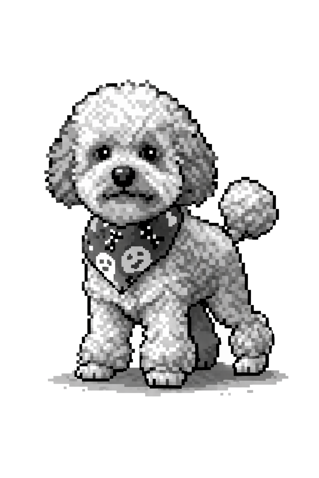 Pixel sprite of a grayscale poodle wearing a bandana.