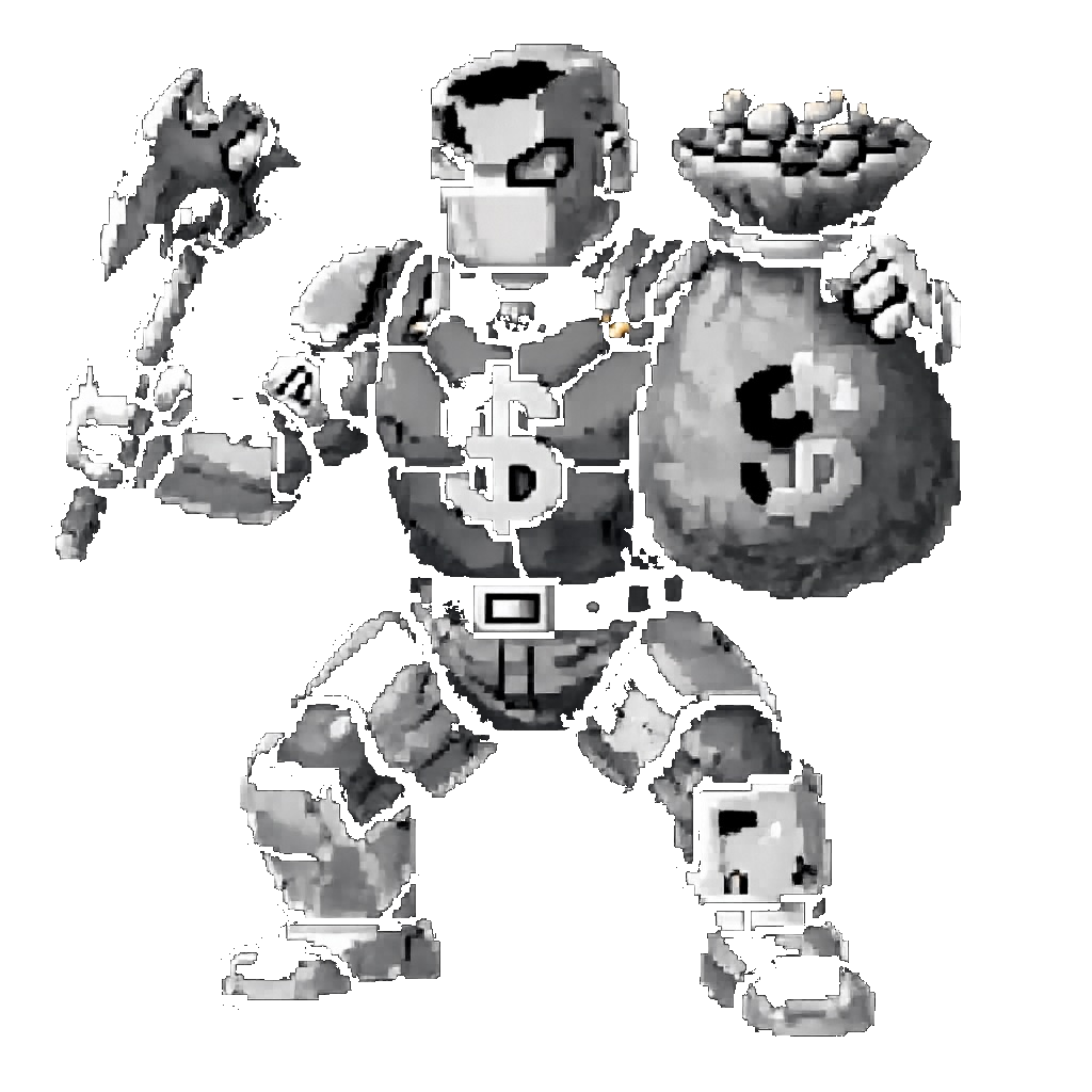 Pixel sprite of a money-armored bruiser carrying an axe and a sack of cash.