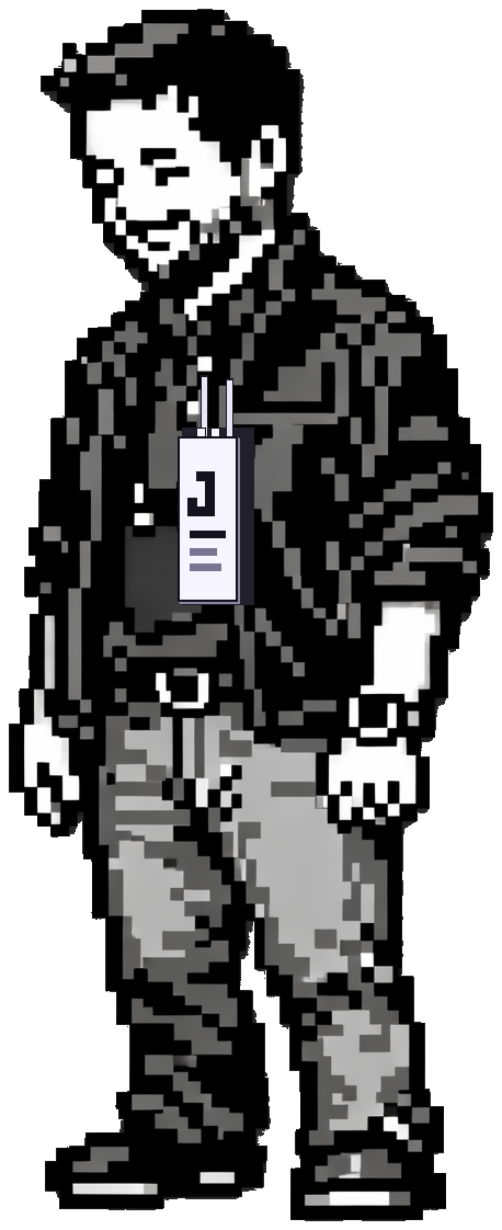 Pixel-art sprite of Jon in a jacket and lanyard